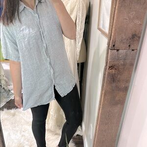 Saks Fifth Avenue Short Sleeve Button Down Shirt size medium linen fabric